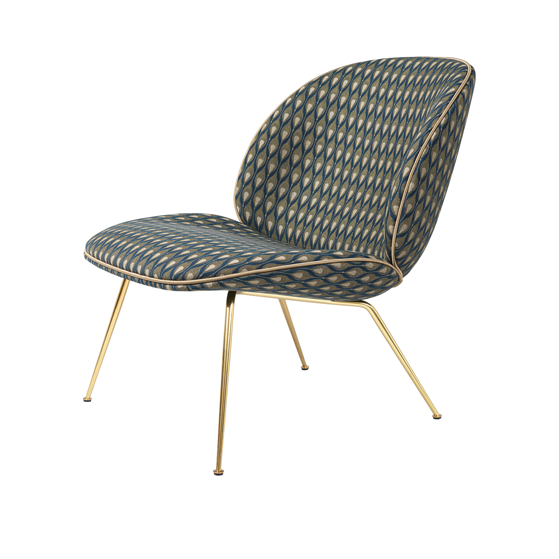 Beetle Lounge Chair Fully Upholstered, Conic base, Antique Brass