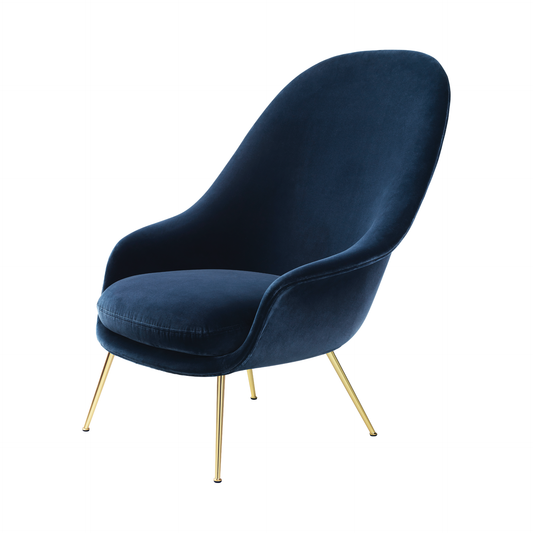 Bat Lounge Chair - Fully Upholstered, High back, Conic base, Brass Semi Matte